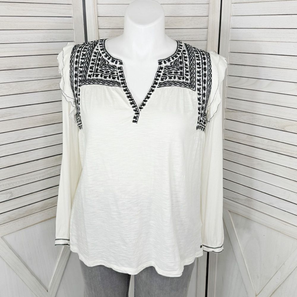 Fat‎ Face Martha Boho Embroidered V Neck Slub Knit Shirt Cream 12 Long Sleeve